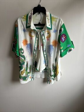 Alemais Inspired 2 Pc Women’s Button Up Top & Short Set Mystical Dragon Sz M